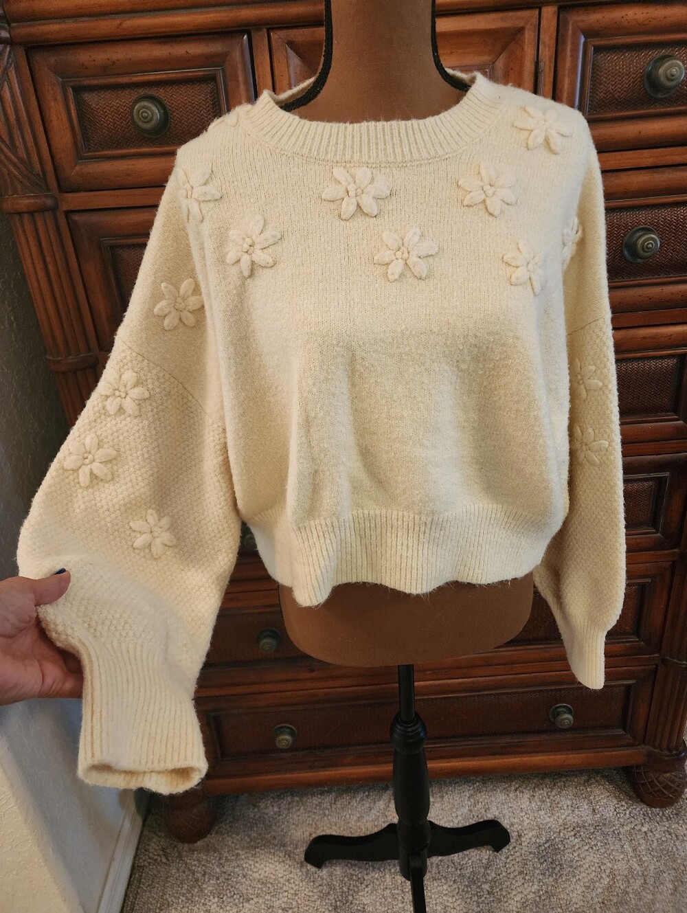 Cozy Romantic Cottagecore Coquette Cream Floral 3D Appliqué Knit Sweater